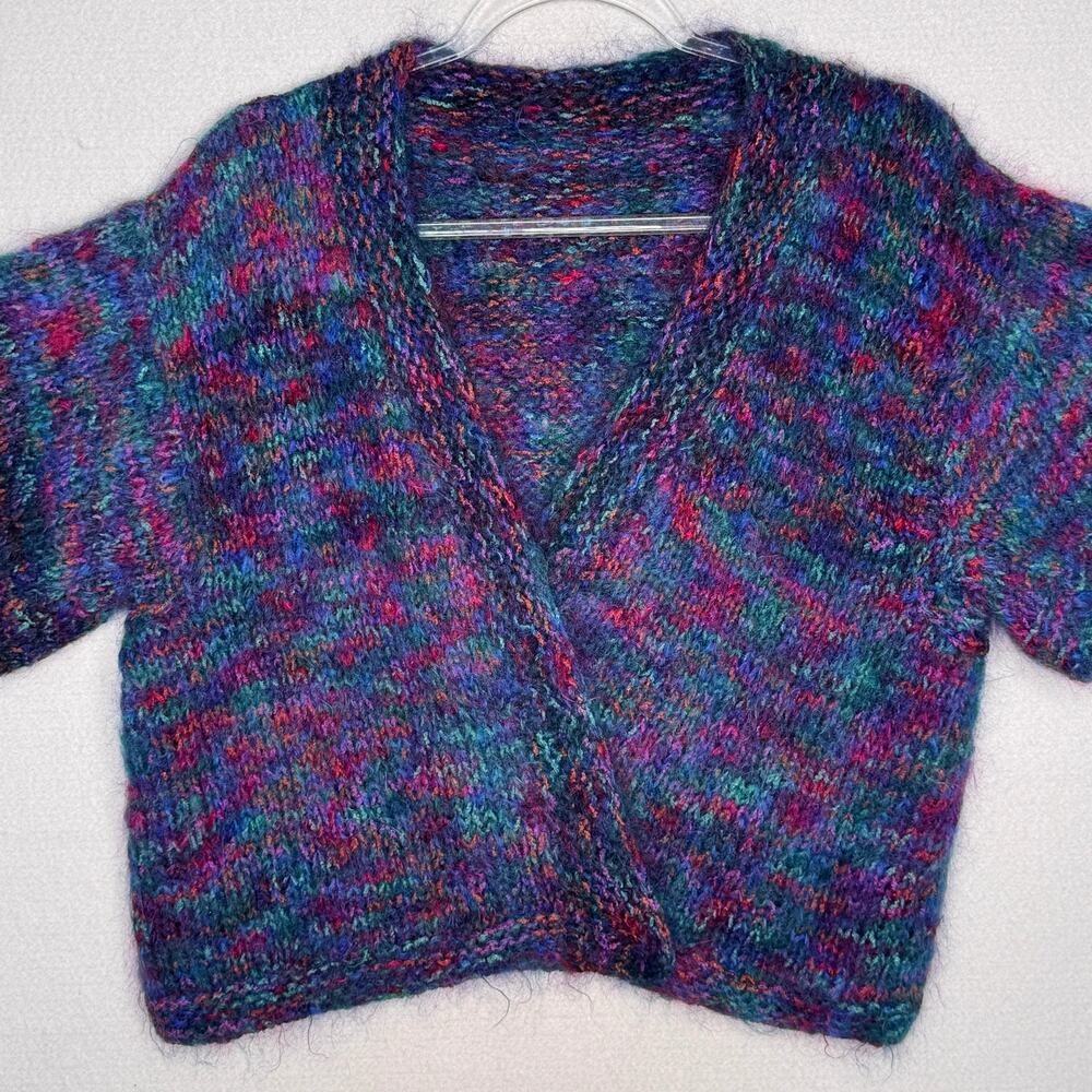 1990s Hand Knit Mohair Blend Wrap Sweater Cardigan Multicolor Boho L